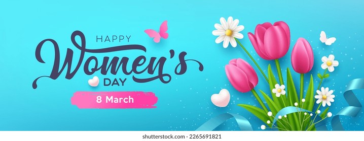 Women's day message, tulip flowers and butterfly with ribbons banner design on blue background, EPS10 Vector illustration.
