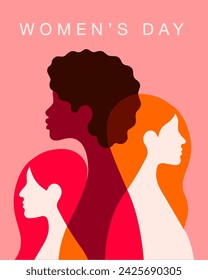 Women's Day minimalist abstract poster. Vector illustration in trendy flat style of three diverse women's portraits in profile.