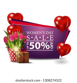 Women's day modern discount banner with heart-shaped balloons, bucket with tulips and gift