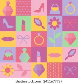 Women's Day. Mom's day. Abstract geometric pattern for poster, label, banner, invitation. Perfume, ring, bag, lips, flower, diamond, bow.