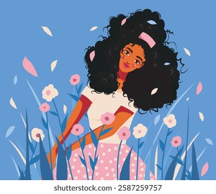 Women's day, women's month. Beautiful young curly girl on a gentle blue background and flowers. Festive vector flat postcard illustration with space for text for women's holidays and projects