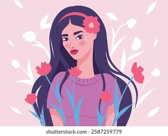 Women's day, women's month. Beautiful young brunette girl on a gentle pink background and flowers. Festive vector flat postcard illustration with space for text for women's holidays and projects