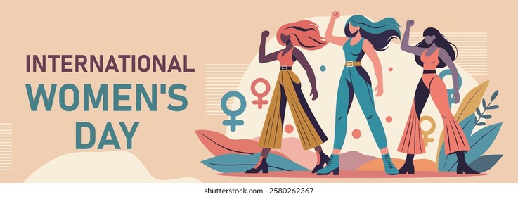 Women's day. Women's month. Equality day. Different women, different cultures and skin colors stand together and look forward. Feminism. Gender equality and women's empowerment. Vector banner