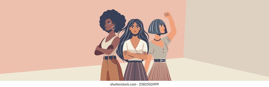 Women's day, women's month, equality day. Vector illustration of a feminist. Women of different skin colors and nationalities stand together in protest poses, gender equality and women's empowerment