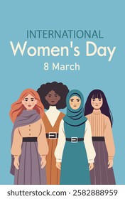 Women's day, women's month, feminism. Women of different skin colors and hairstyles with text and colored background. Gender equality and women's empowerment. Illustration for women's holidays and pro