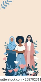 Women's day, women's month, feminism. Women of different skin colors and hairstyles on a delicate floral background. Gender equality and women's empowerment. Illustration for women's holidays