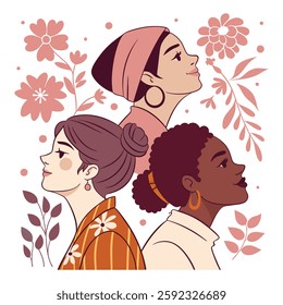 Women's day, women's month, feminism. Women of different skin colors and hairstyles with space for text and floral background. Gender equality and women's empowerment