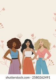 Women's day, Women's month. Vector illustration with space for text. Women of different skin colors and nationalities stand together in protest poses for freedom and empowerment