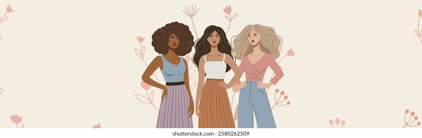 Women's day, Women's month. Women of different skin colors and nationalities stand together in protest poses for freedom and empowerment. Vector illustration with space for text