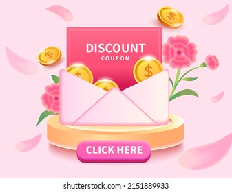 Womens Day Mothers Day Sale Pop Up Ads Decorated With Cute Carnations And Coins And Extra Coupon