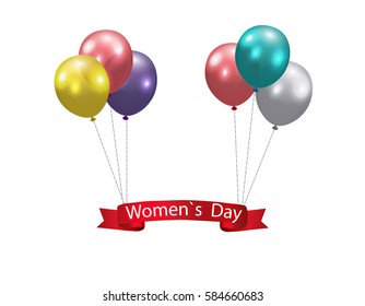 Women's Day! Multicolored balloons and a ribbon with the inscription. Vector illustration
