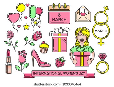 Women's Day multicolored icons set. 8 March. Happy Womens Day symbol collection. Vector illustration