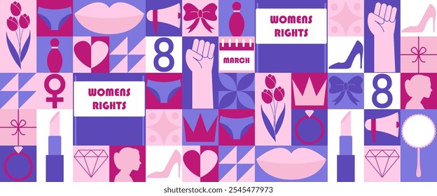 Womens day neo geometric festive poster. 8 march modern abstract banner with grid seamless pattern. Vector illustration