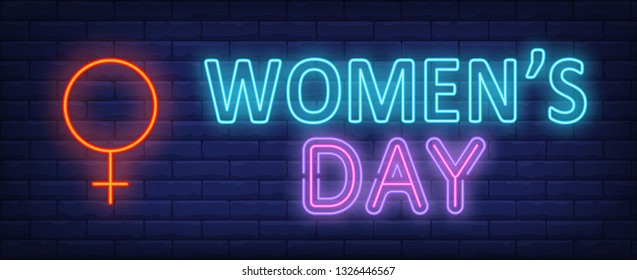 Womens day neon text with female gender symbol. International womens day design. Night bright neon sign, colorful billboard, light banner. Vector illustration in neon style.