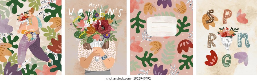 Women's day on March 8! Spring holiday. Vector illustration of a woman with a bouquet, floral ornament and abstract background. Drawings for postcard, card or congratulation