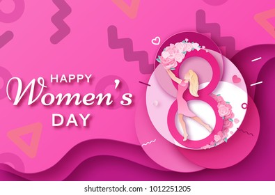 Womens day origami paper art greeting card, 8 march banner in trendy 90s- 80s style with geometric shapes, frame, patterns, woman silhouette, colorful carved vector illustration, background