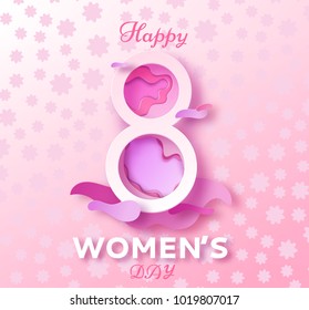 Womens day origami or paper art greeting card, 8 march abstact banner in trendy carved crafts style with carved silhouette, flowers, colorful fashion vector illustration, background