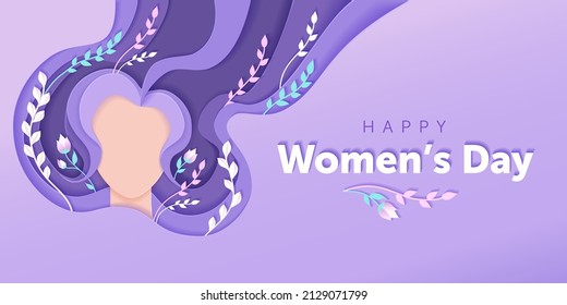 Womens day paper cut banner  8 march greeting card and woman face  flowing hair  flowers   leaves  Spring background  Vector illustration in violet colors 