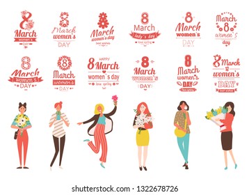 Womens day papercard, girls with bouquet of flowers, portrait and full length view of females with flavor, 8 March, creative greetings with people, vector