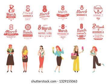 Womens day papercard, girls with bouquet of flowers, portrait and full length view of females with flavor, 8 March, creative greetings with people, vector