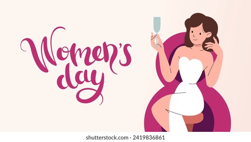 Women's day party web banner. Girl with glass of champagne. Invitation with number 8. Woman celebrates holiday. Hand drawn lettering. Congratulating horizontal banner. Vector flat illustration.