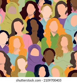 Women's day pattern with women faces. Female diverse faces of different ethnicity