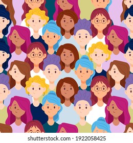 Women's day pattern with women faces.Postcard on March 8. Vector illustration. Isolated on white background. 