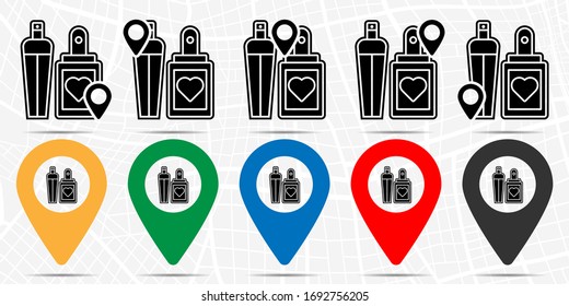Women's day, perfume, heart icon in location set. Simple glyph, flat illustration element of 8 march theme icons