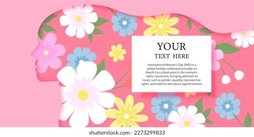 Women's Day pink banner with woman silhouette and flowers on a background. Vector greeting banner for 8 March in digital craft style.