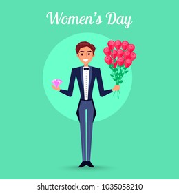 Womens Day placard handsome man in tuxedo with bowtie, bunch of roses and big pink diamond on green background vector illustration.