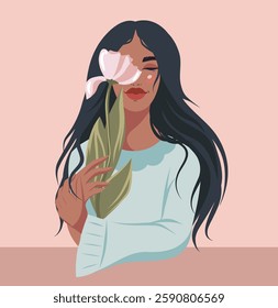 Women's Day. Portrait of a beautiful woman-girl with a flower in her hands on the background of flowers and a pink background. For women's projects. Gender equality and women's empowerment