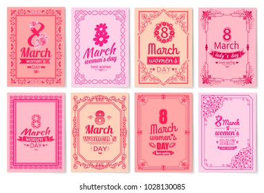 Womens Day postcard with big sign and swirly frame. 8 March card in bright pink color with italic font and vintage framework vector illustrations set. 8 march holidays