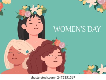 Women's Day postcard concept in flat cartoon design. This charming image depicts three beautiful women with flowers and contains a greeting on a green background. Vector illustration.