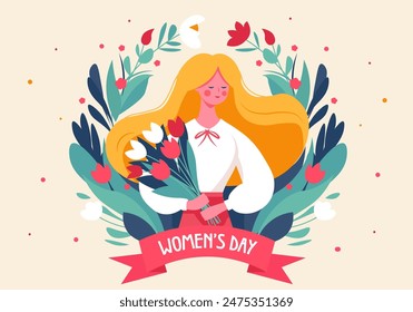 Women's Day postcard concept in flat cartoon design. A cute girl with a beautiful bouquet of flowers is depicted on this card dedicated to women's day. Vector illustration.