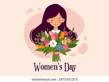 Women's Day postcard concept in flat cartoon design. This illustration conveys all the importance and beauty of the March 8 holiday, depicting a girl with flowers. Vector illustration.