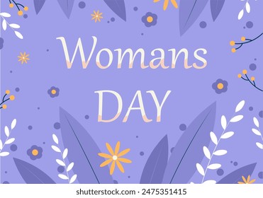 Women's Day postcard concept in flat cartoon design. This beautiful and delicate illustration features flowers and greetings for all women on a blue background. Vector illustration.