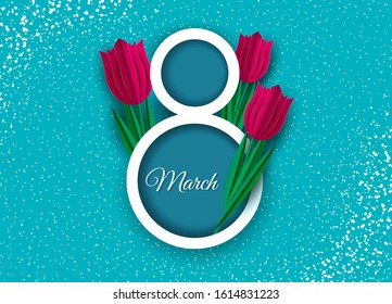Women's day, postcard for March 8, red tulips on a blue background, Fashion noises Vector illustration