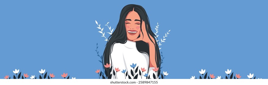 Women's Day. Postcard with place text. Beautiful happy woman girl smiling against the background of flowers and sky. For women's projects. Gender equality and women's empowerment