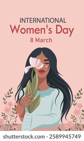 Women's Day. Postcard with text of place. Beautiful woman-girl with flower in hands on background of flowers and pink background. For women's projects. Gender equality and women's empowerment