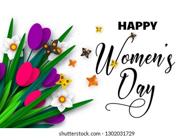 Womens day poster. 3d paper cut bouquet of spring flowers tulip and narcissus with butterfly, white background. Vector illustration.
