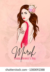 Women's Day poster or banner design, text 8 march decorated with women, heart,