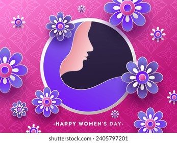 Women's Day Poster or Card Design with Illustration of Paper Cut Woman Face with Flowers Decorated Pink Background.