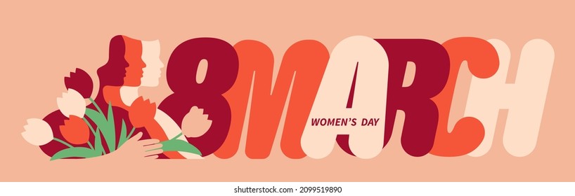 Women's day poster design. 8 March greeting  card with three different women and tulips. Flat simple style.