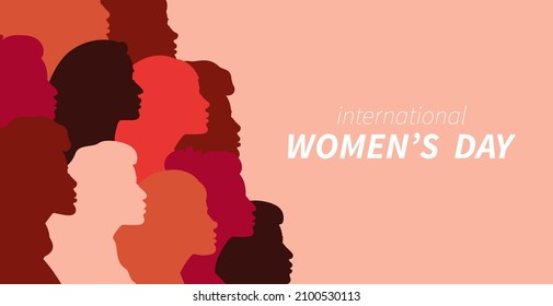 Women's day poster design. 8 March greeting  card with different women. Flat simple style.