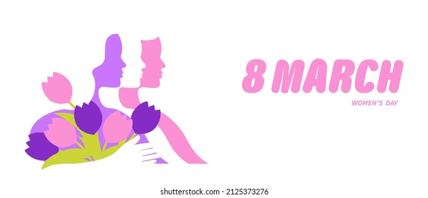 Women's day poster design. 8 March greeting  card with three different women and tulips. Flat simple style.