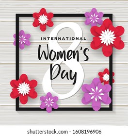 Women's day poster design template. Vector illustration with red and purple paper flowers and black square frame on wooden texture