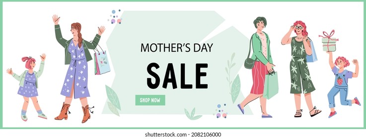 Womens day poster or flyer template, website header or discount offer with women and girls  characters. Mothers and daughters shopping goods in Womens Day. Holiday sale promo, vector illustration.