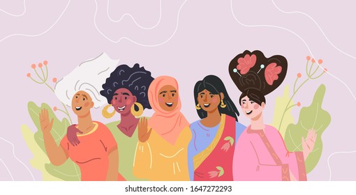 Womens Day poster or greeting card template with different diverse multi ethnic group of women or young girls. Women's solidarity, friendship and feminism poster. Flat vector illustration.