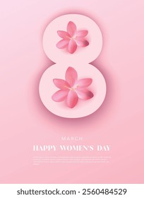 Women's Day poster and greeting card with pink flower and pink gradient background. 8 March vector illustration for flyer, banner, social media, website, sale, promotion, invitation, postcard