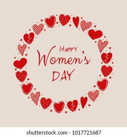 Women's Day - poster with hand drawn hearts. Vector.